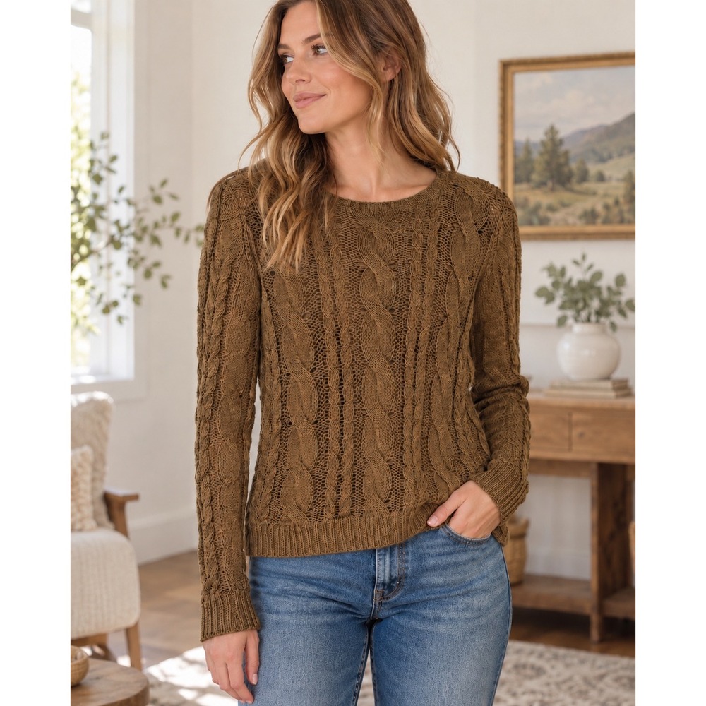 Garnet Hill Womens XS Brown Cable Knit Linen‎ Cotton Sweater Long Sleeve Boho